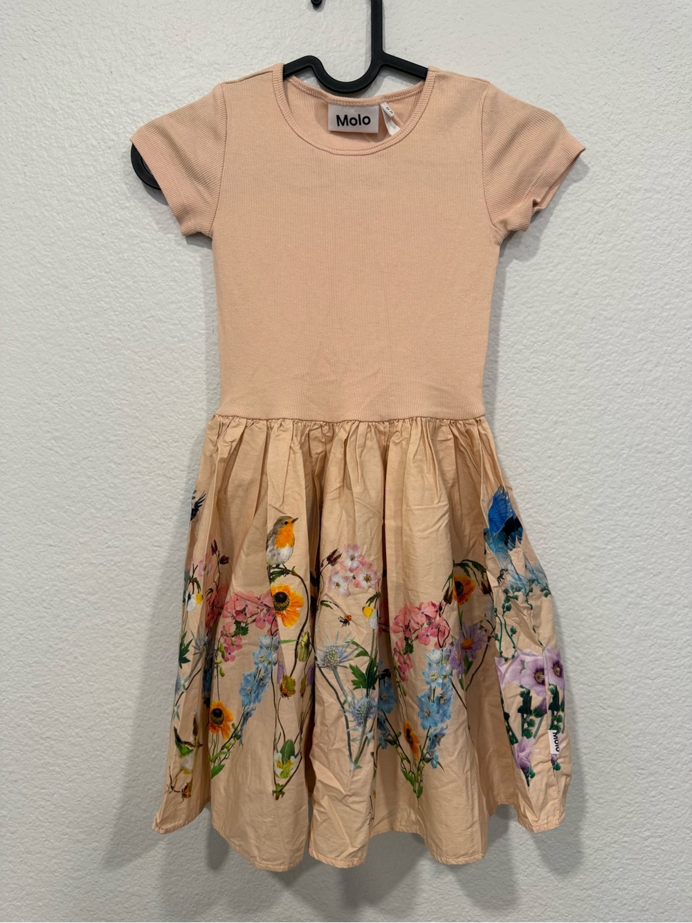 Molo Peach Dress with Multicolor Floral & Bird Skirt size 7-8 girls